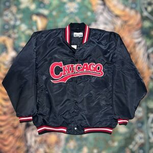 Vintage 90s Chicago Bulls NBA Satin Jacket Bomber Snap Button Black Red XXL